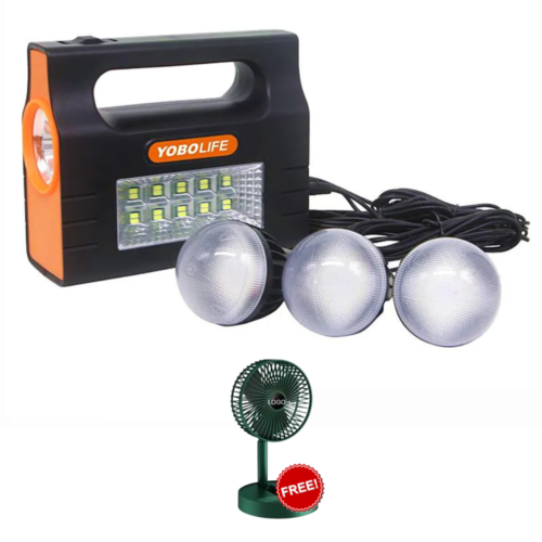 + (2) Original Solar Lighting Kit with 3LED Bulbs USB Mobile Phone Charge and LED Lighting + Free Fan